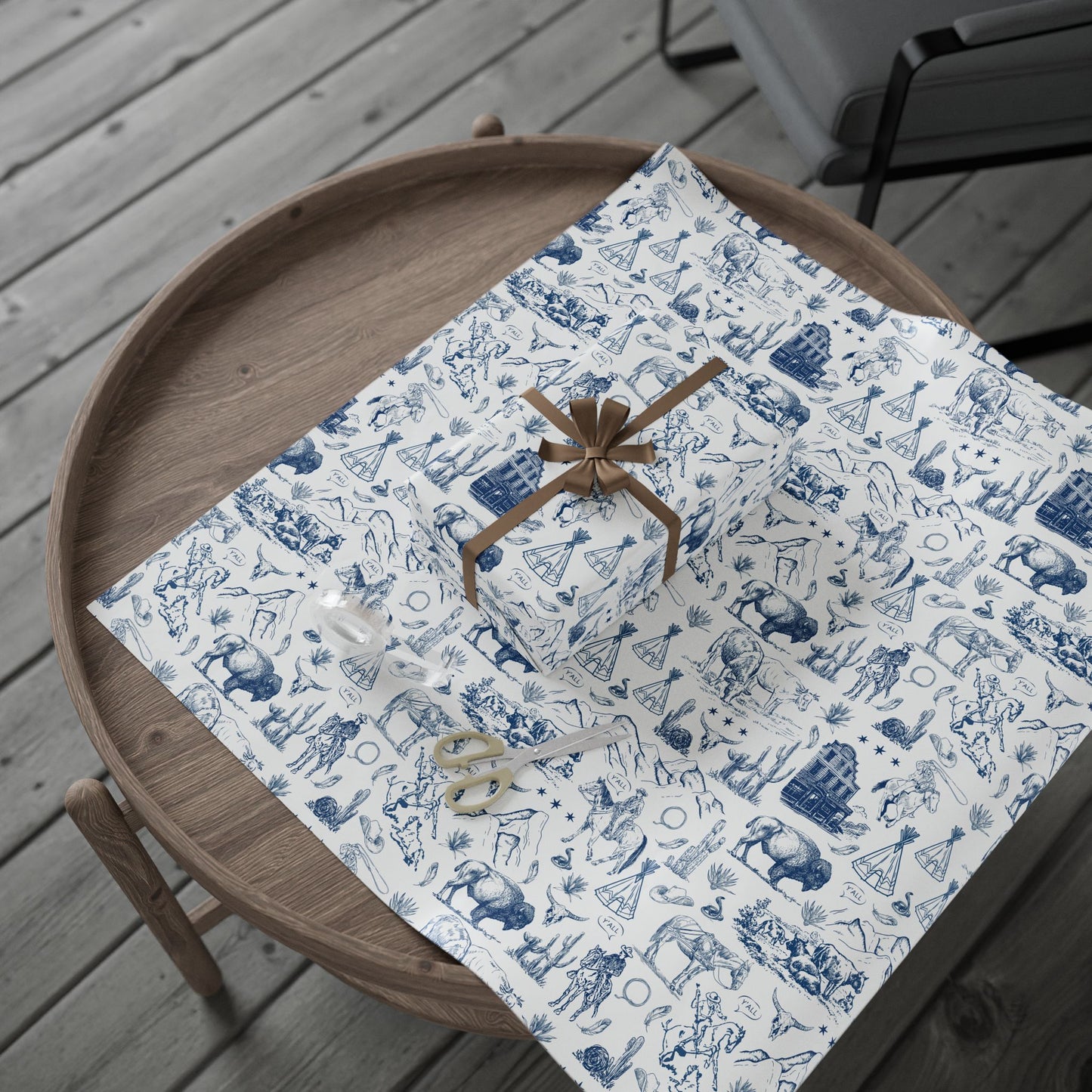 Blue Toile Western Wrapping Paper Roll