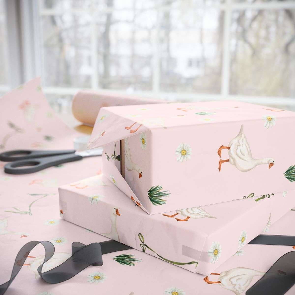Pink Goose Wrapping Paper Roll, Baby Shower Wrapping Paper, Birthday Gift Wrap, Gift Wrap for Her