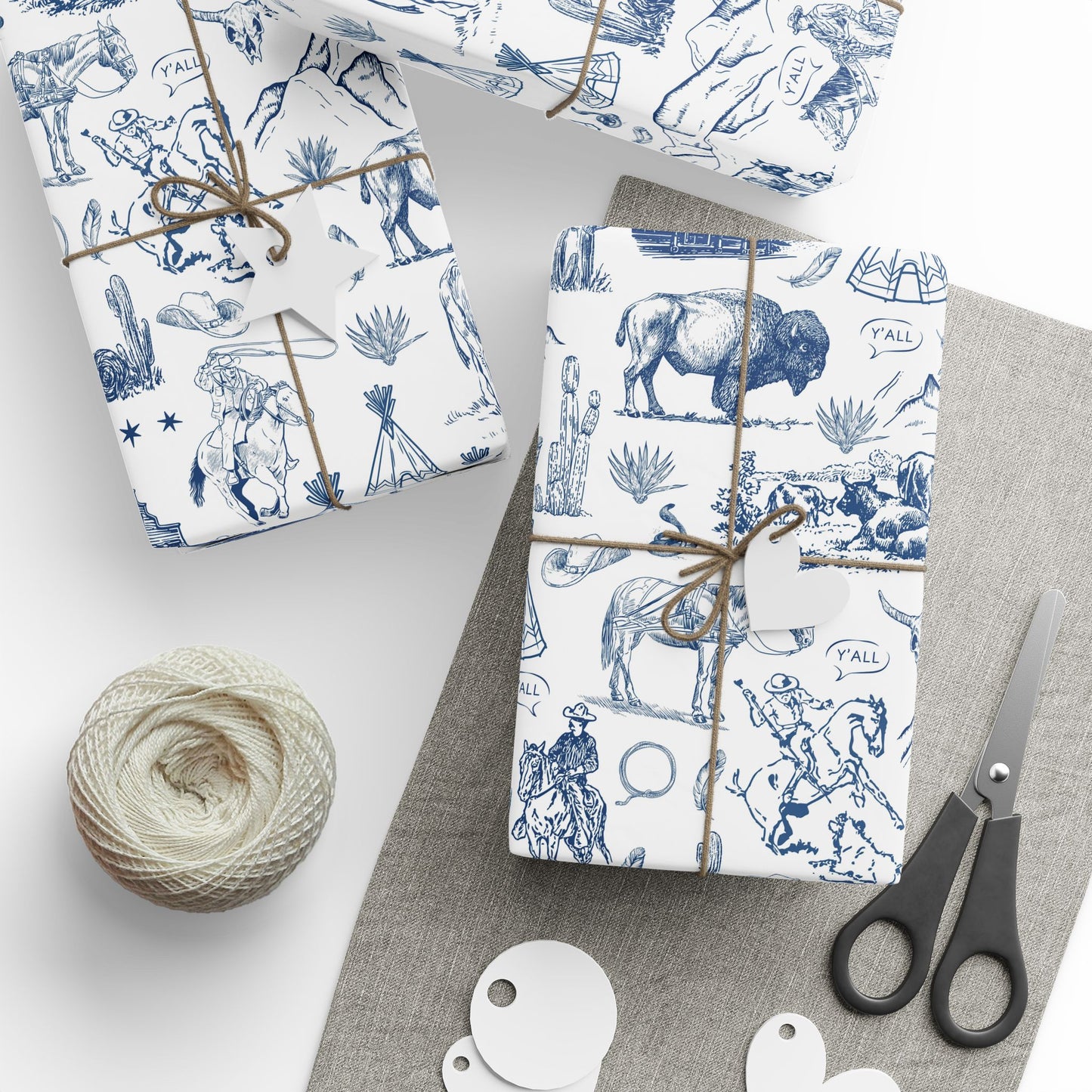Blue Toile Western Wrapping Paper Roll