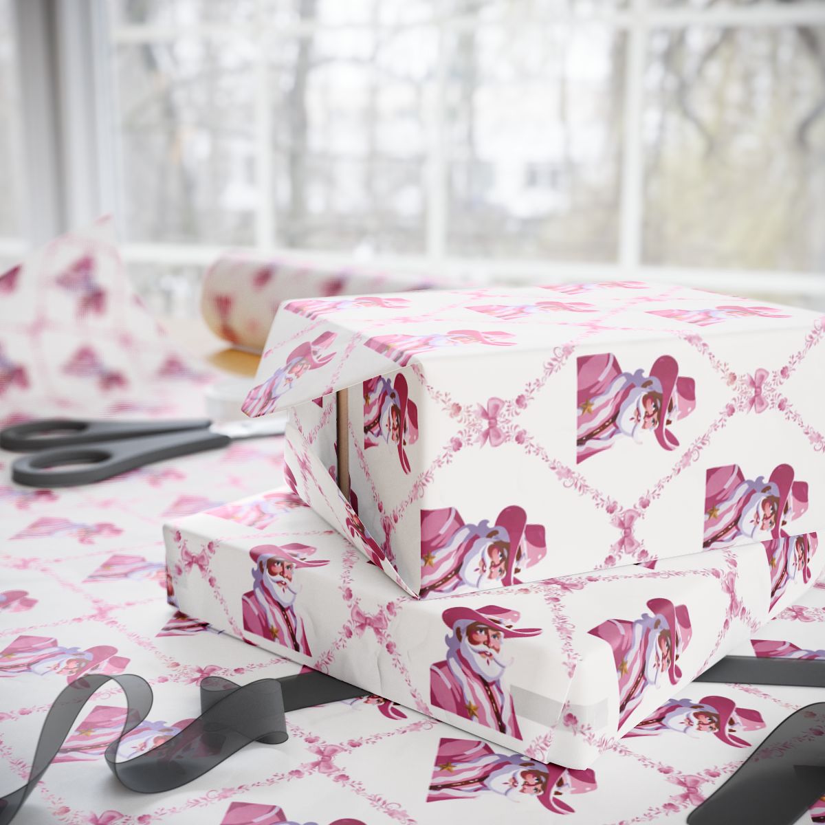 White Cowboy Santa Trellis Wrapping Paper Roll