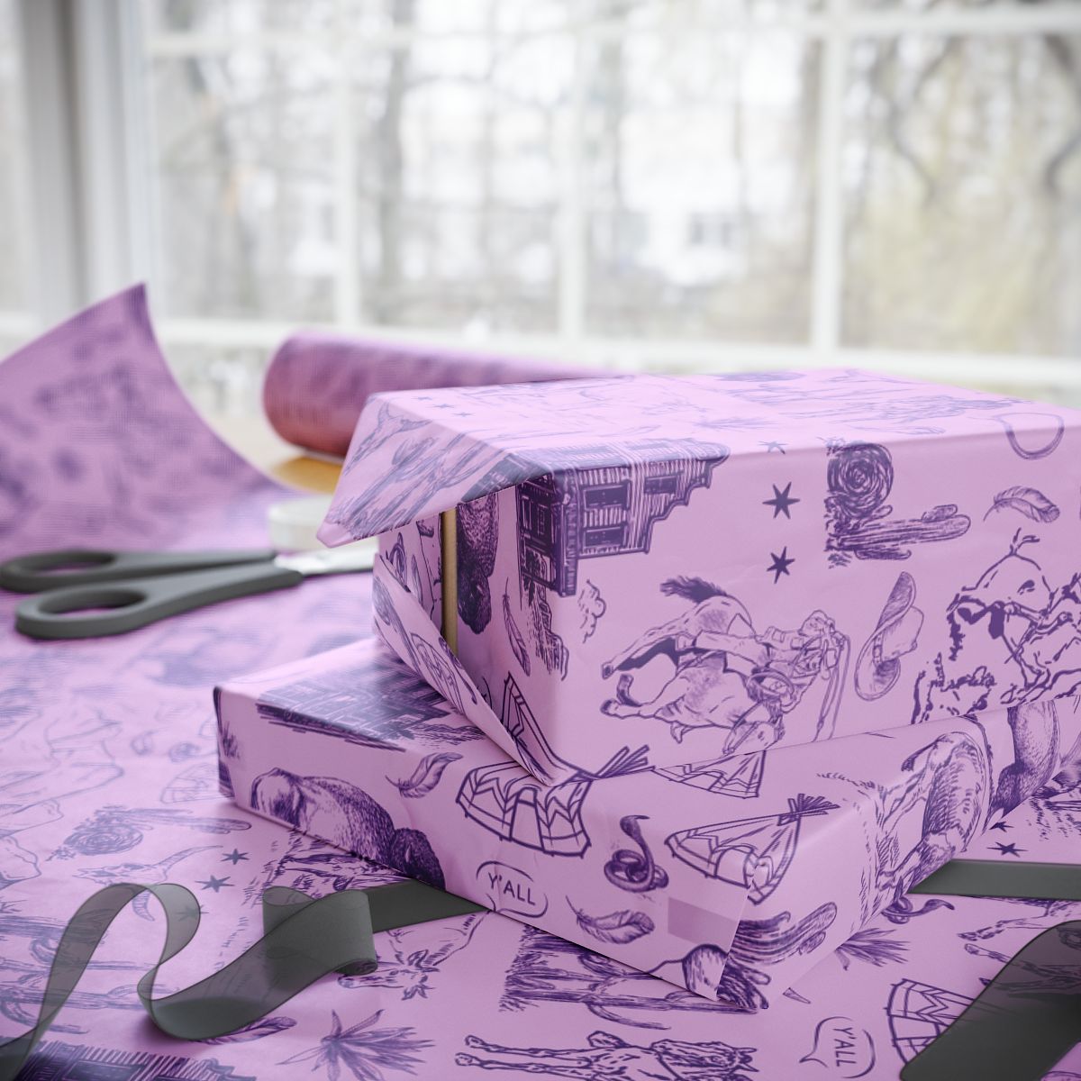 Purple Western Toile Wrapping Paper Roll, Fort Worth Texas