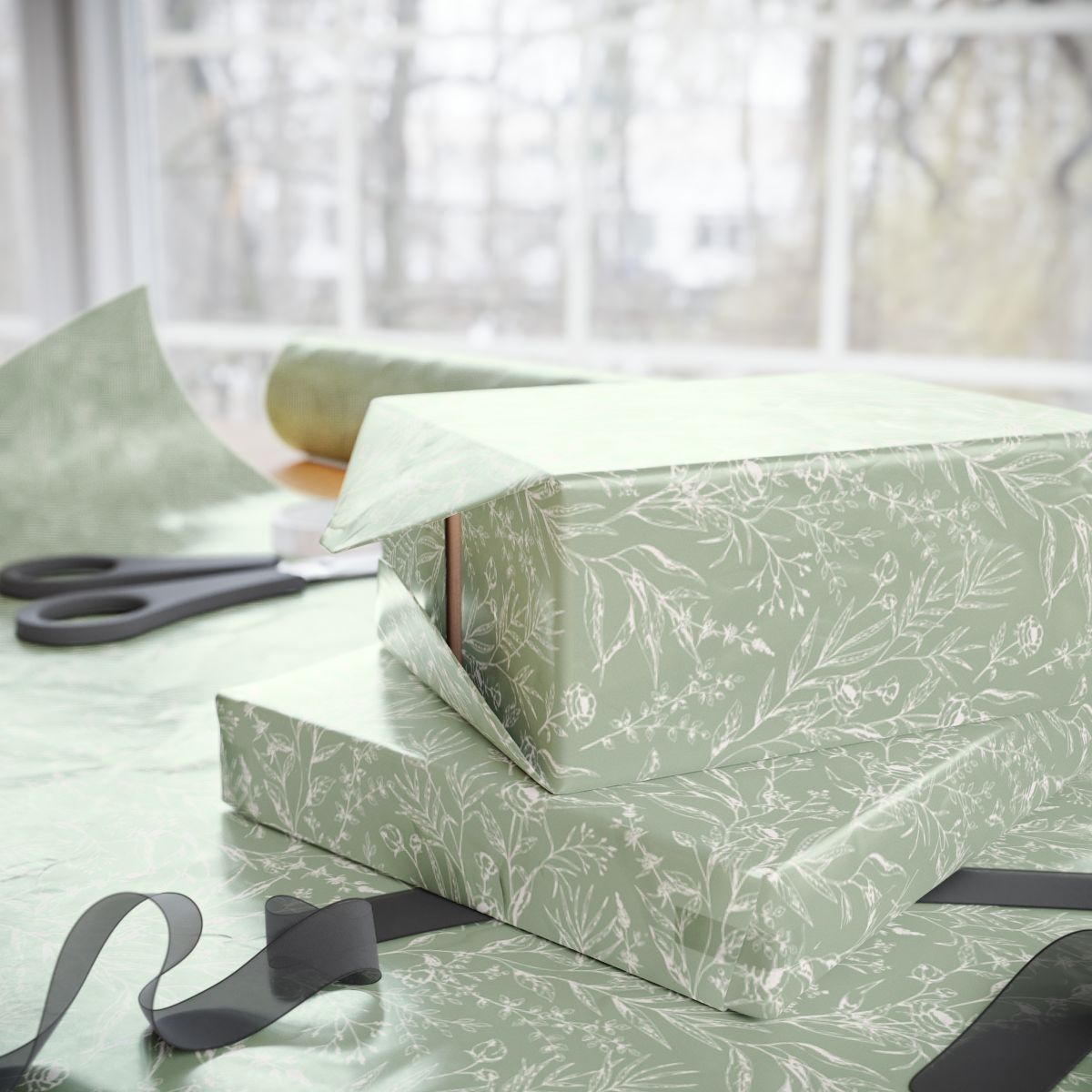 Sage Floral Wrapping Paper Roll