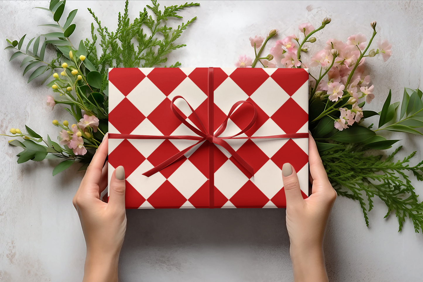 Red & Cream Checkered Wrapping Paper Roll