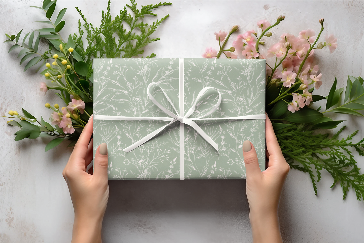 Sage Floral Wrapping Paper Roll