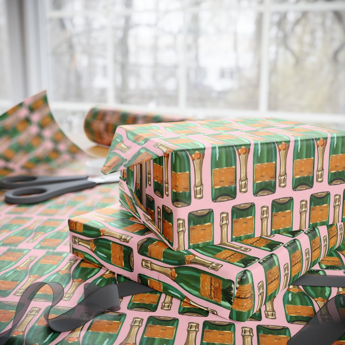 Champagne Bottle Wrapping Paper, Pink & Green Gift Wrap, Bridal Shower Wrapping Paper, Gift Wrap For Her