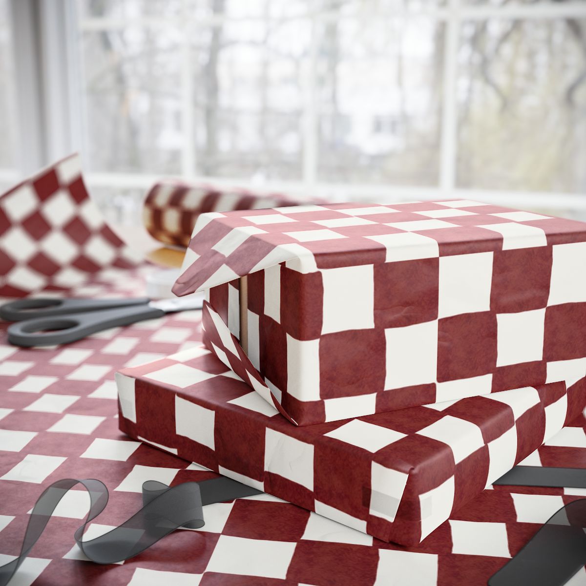 Crimson Watercolor Checkered Wrapping Paper Roll