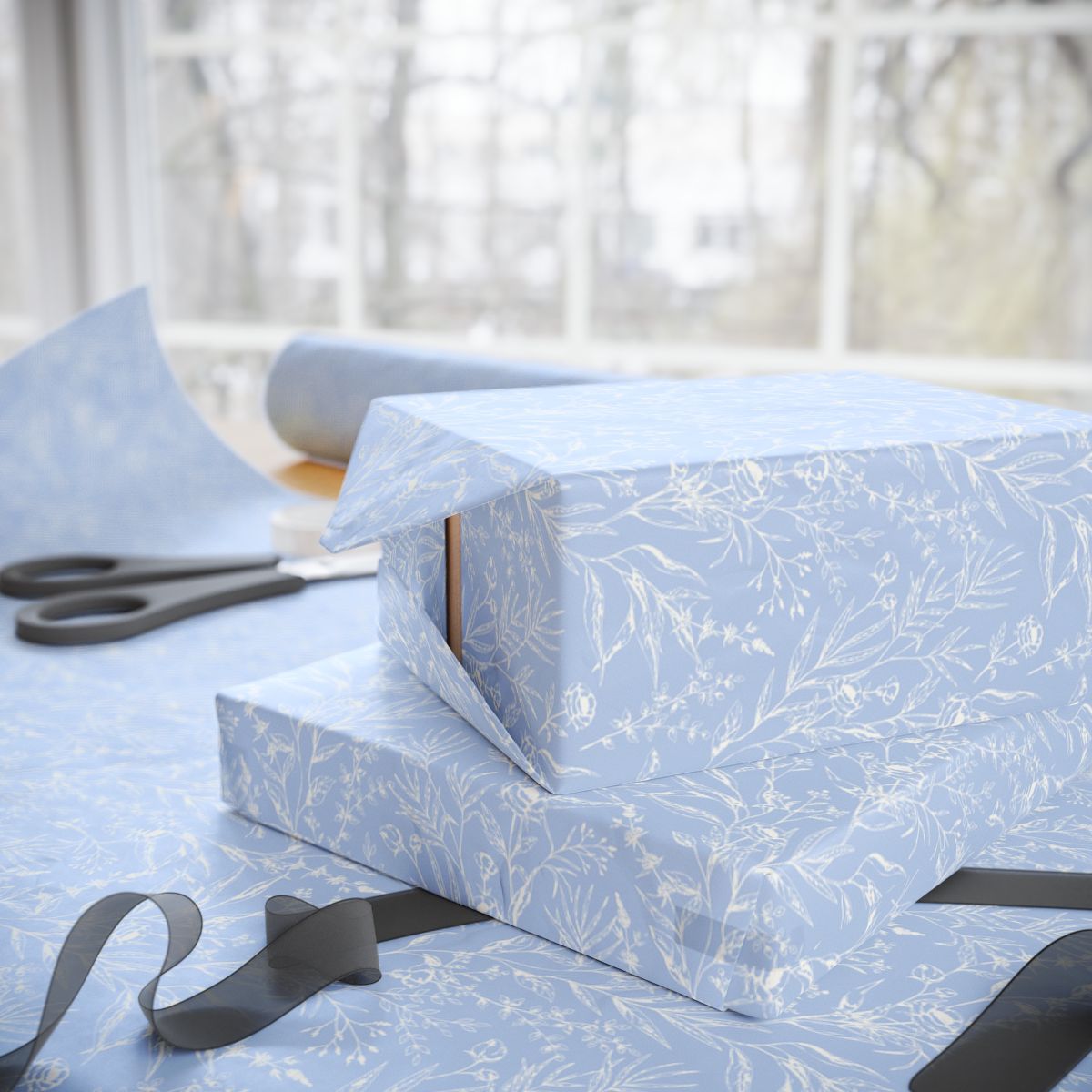 French Blue Floral Wrapping Paper Roll