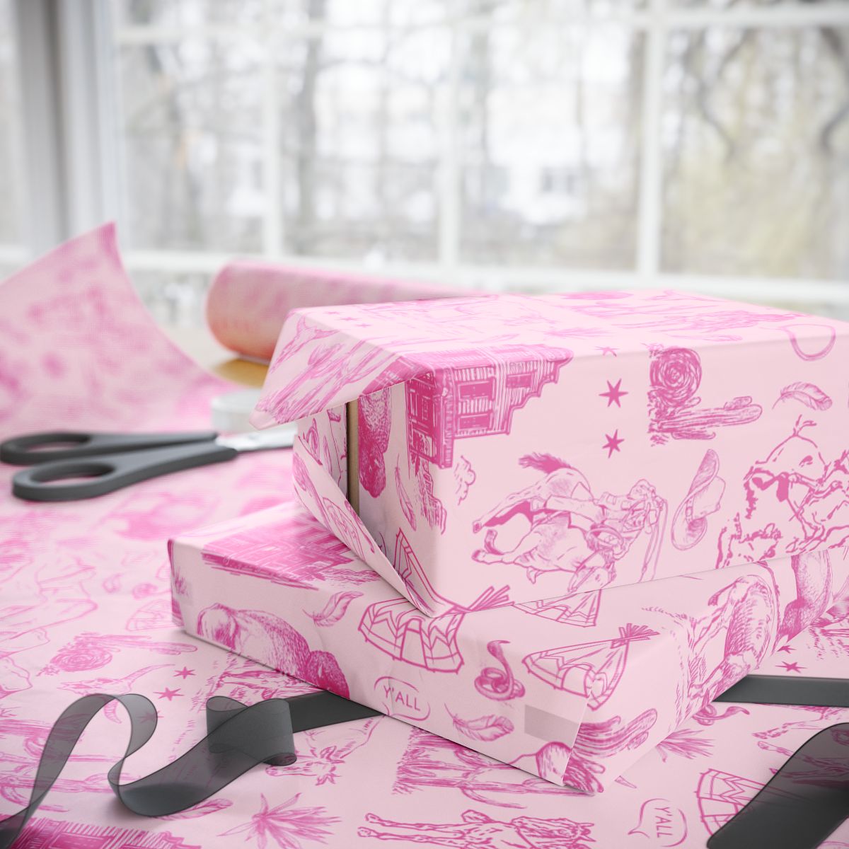 Pink Toile Western Wrapping Paper Roll