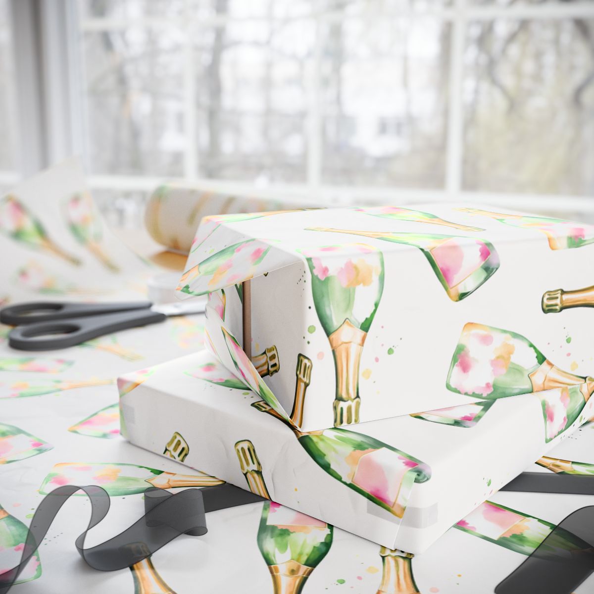 Watercolor Champagne Bottle Wrapping Paper Roll