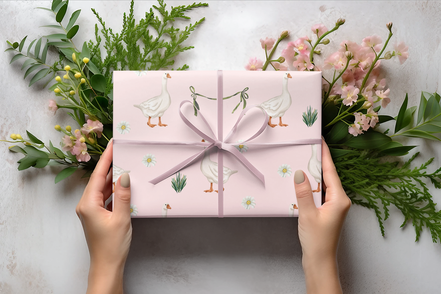 Pink Goose Wrapping Paper Roll, Baby Shower Wrapping Paper, Birthday Gift Wrap, Gift Wrap for Her