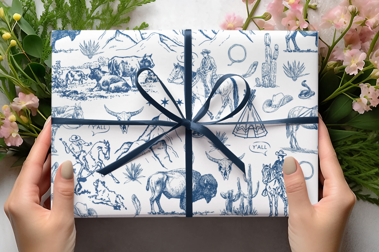 Blue Toile Western Wrapping Paper Roll