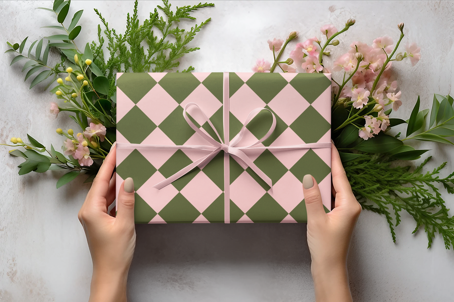 Green & Pink Checkered Wrapping Paper Roll