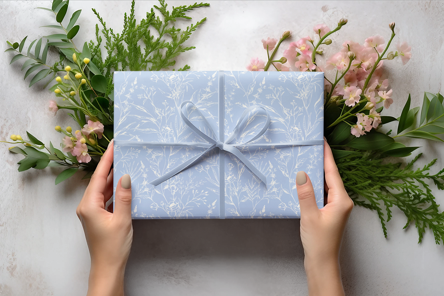 French Blue Floral Wrapping Paper Roll