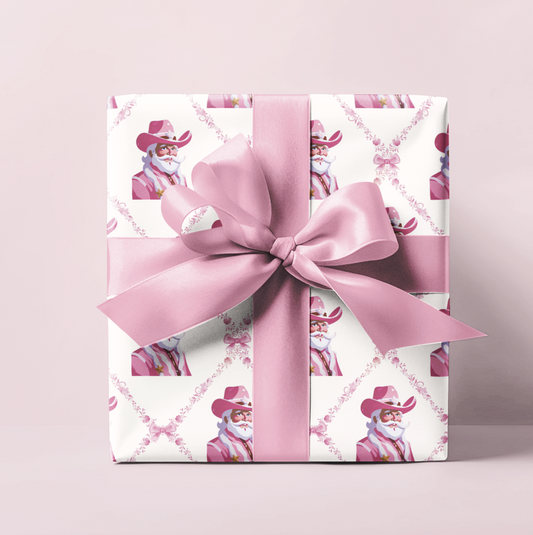 White Cowboy Santa Trellis Wrapping Paper Roll